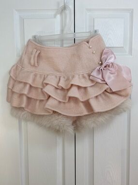 Cute Kawaii Women's Pink Ruffle Wool Mini Skirt w Built-in Fur Lined Bloomers, S